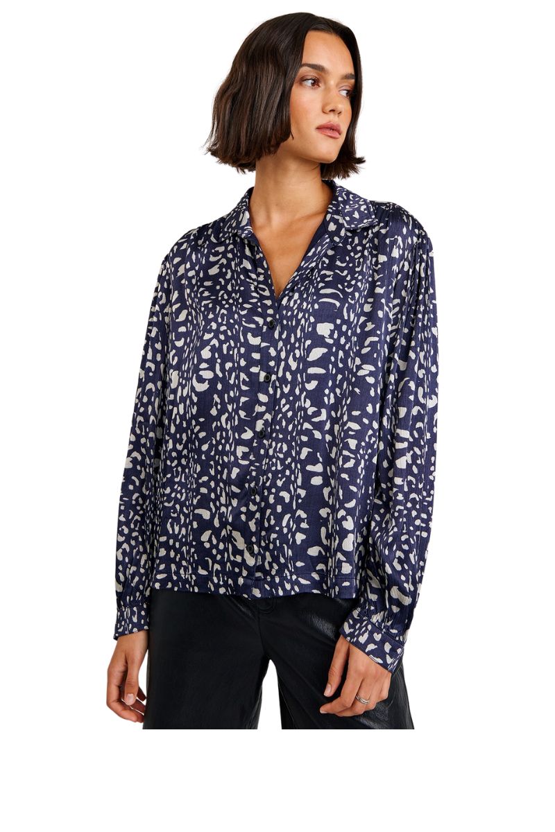 Long Sleeve Shirred Shoulder Button Down