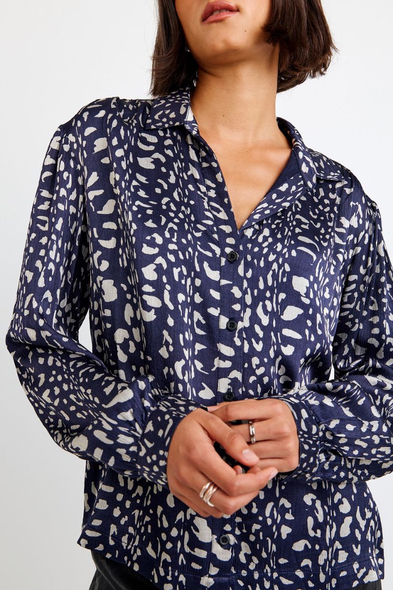 Long Sleeve Shirred Shoulder Button Down