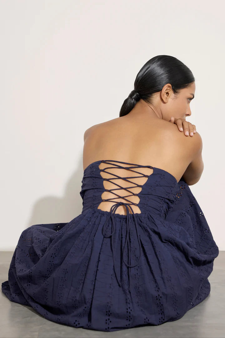 Strapless Tie Back Dress - Navy Lace