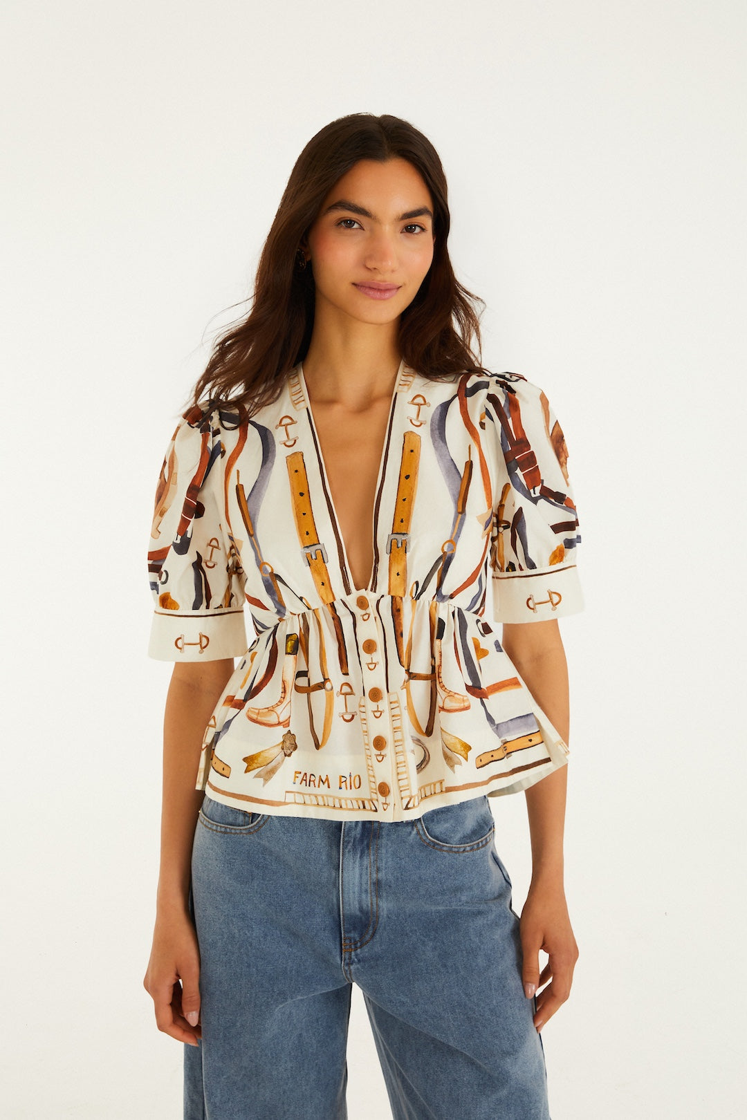 EQUESTRIAN SCARF WINTER WHITE SHORT SLEEVE BLOUSE