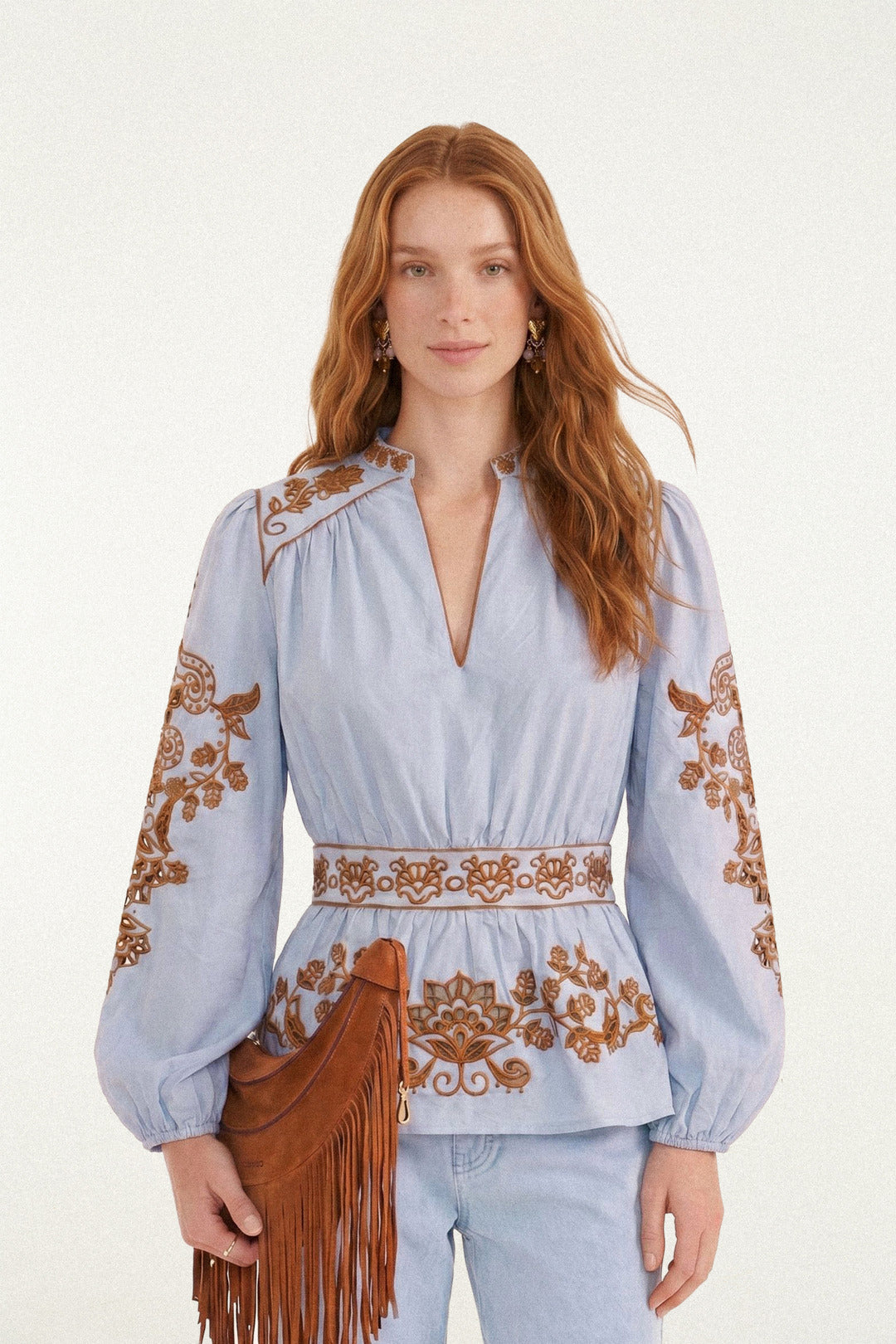 FLOWER RICHELIEU LIGHT BLUE LONG SLEEVE BLOUSE