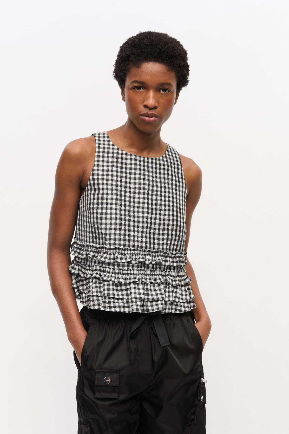 Crinkled Taffeta Check Open Back Frilled Top