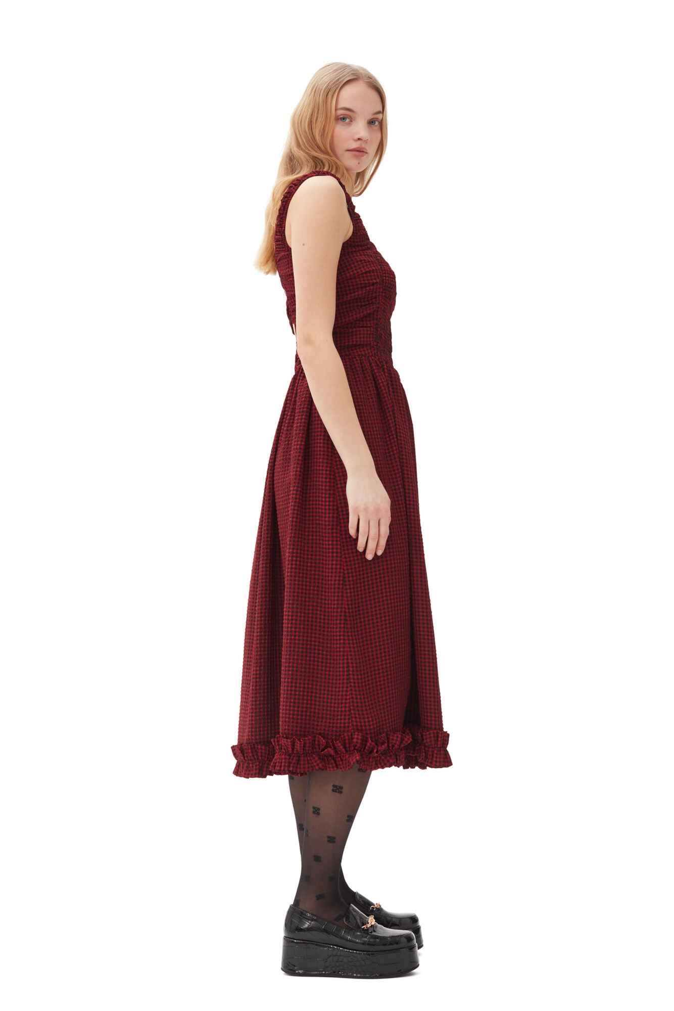 Sheer Fluid Check Midi Strap Smock Dress