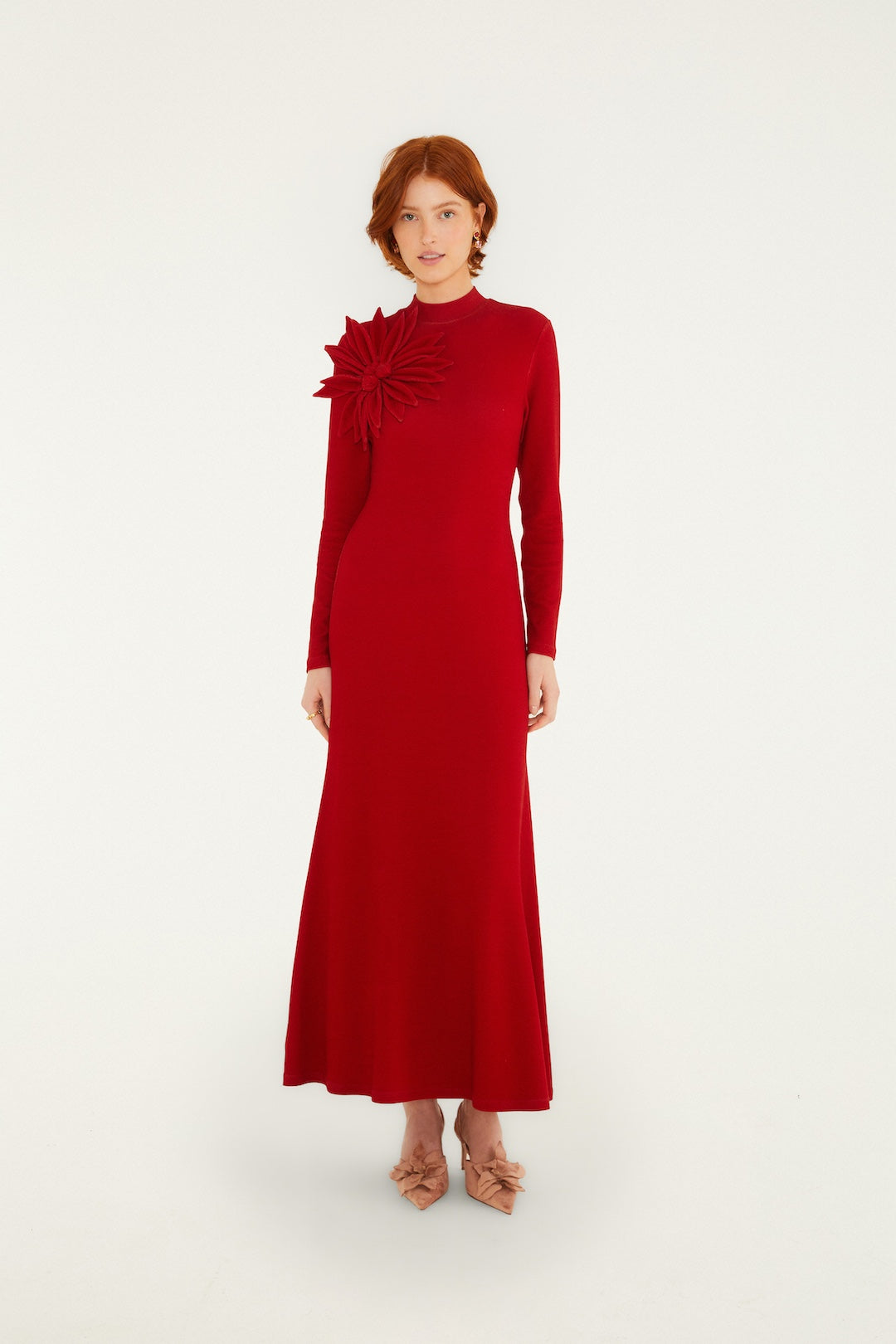 RED LONG SLEEVE FLOWER MAXI DRESS