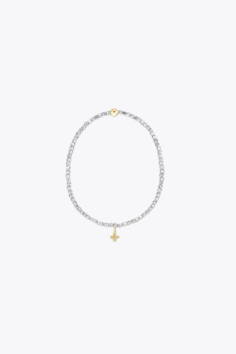 Silver Faceted Hematite 2mm Bead Bracelet - Signature Cross Gold Charm