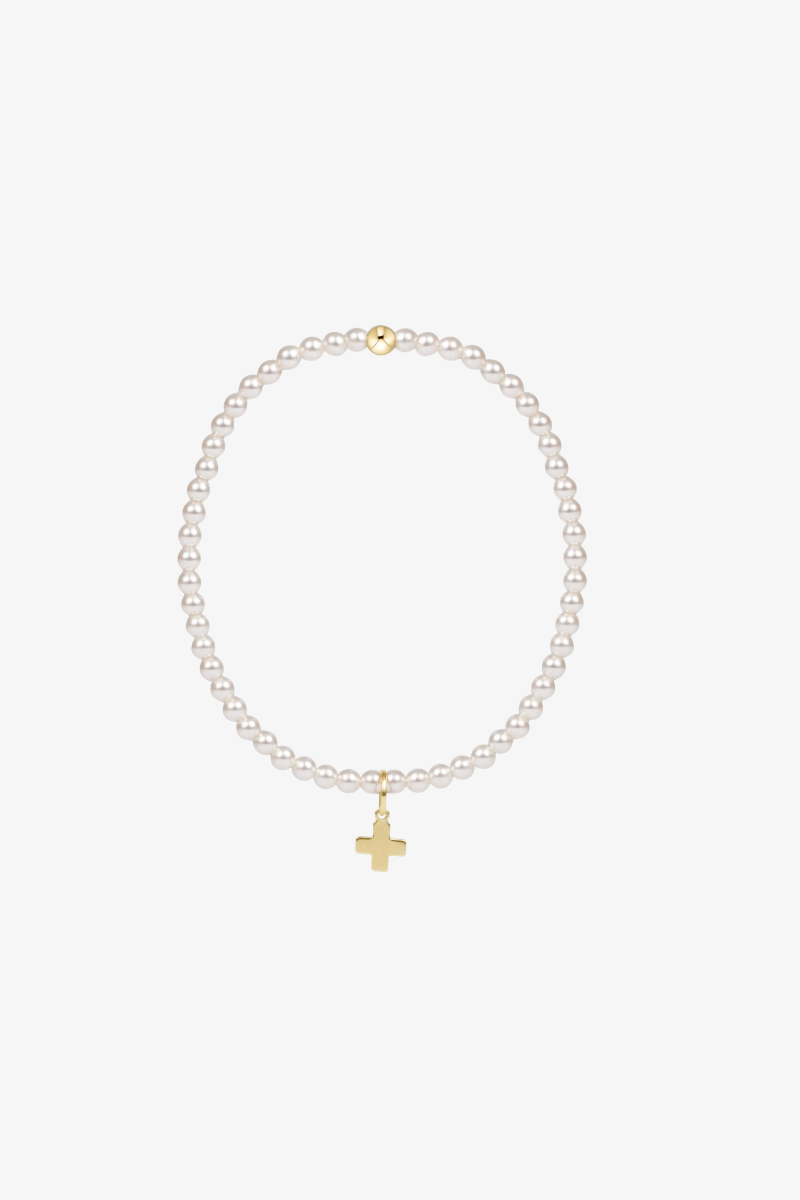 Classic Pearl 3mm Bead Bracelet - Signature Cross Gold Charm