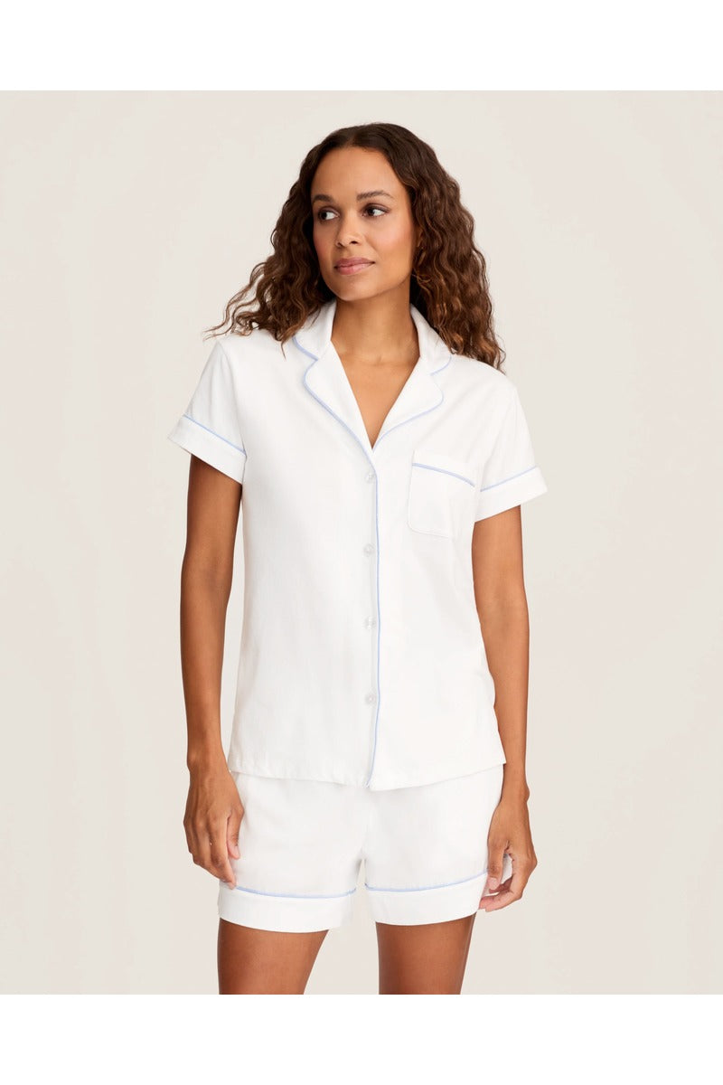 Pima Short Sleeve Short Set in White with Periwinkle Piping