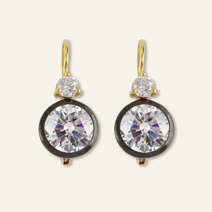 Rhodium Double Bezel Drop Earrings