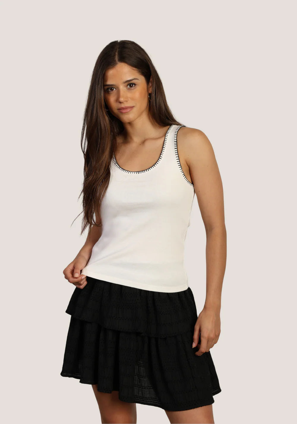 Blanket Stitch Tank in White/Black