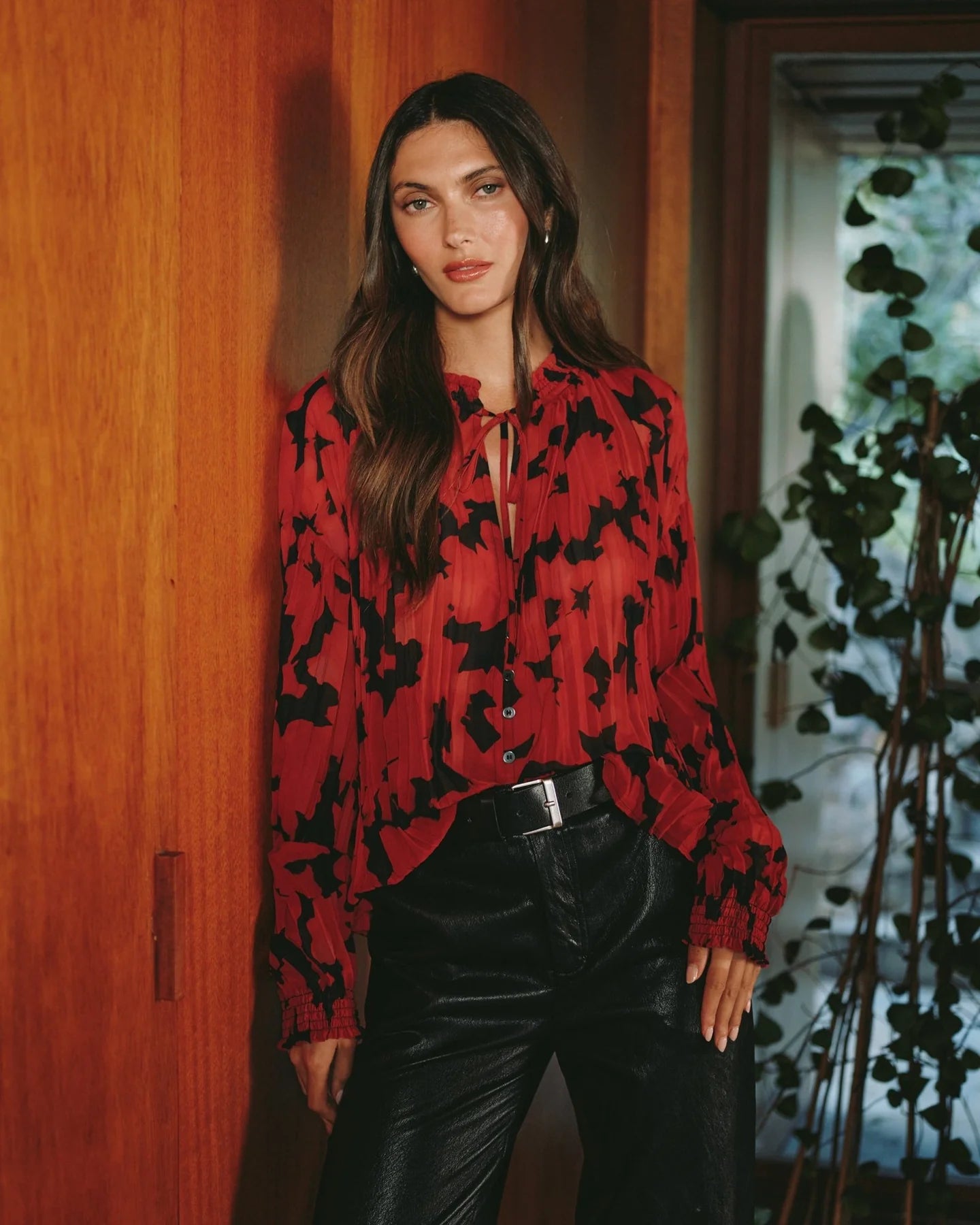 Long Sleeve Pleated Smocked Button Down