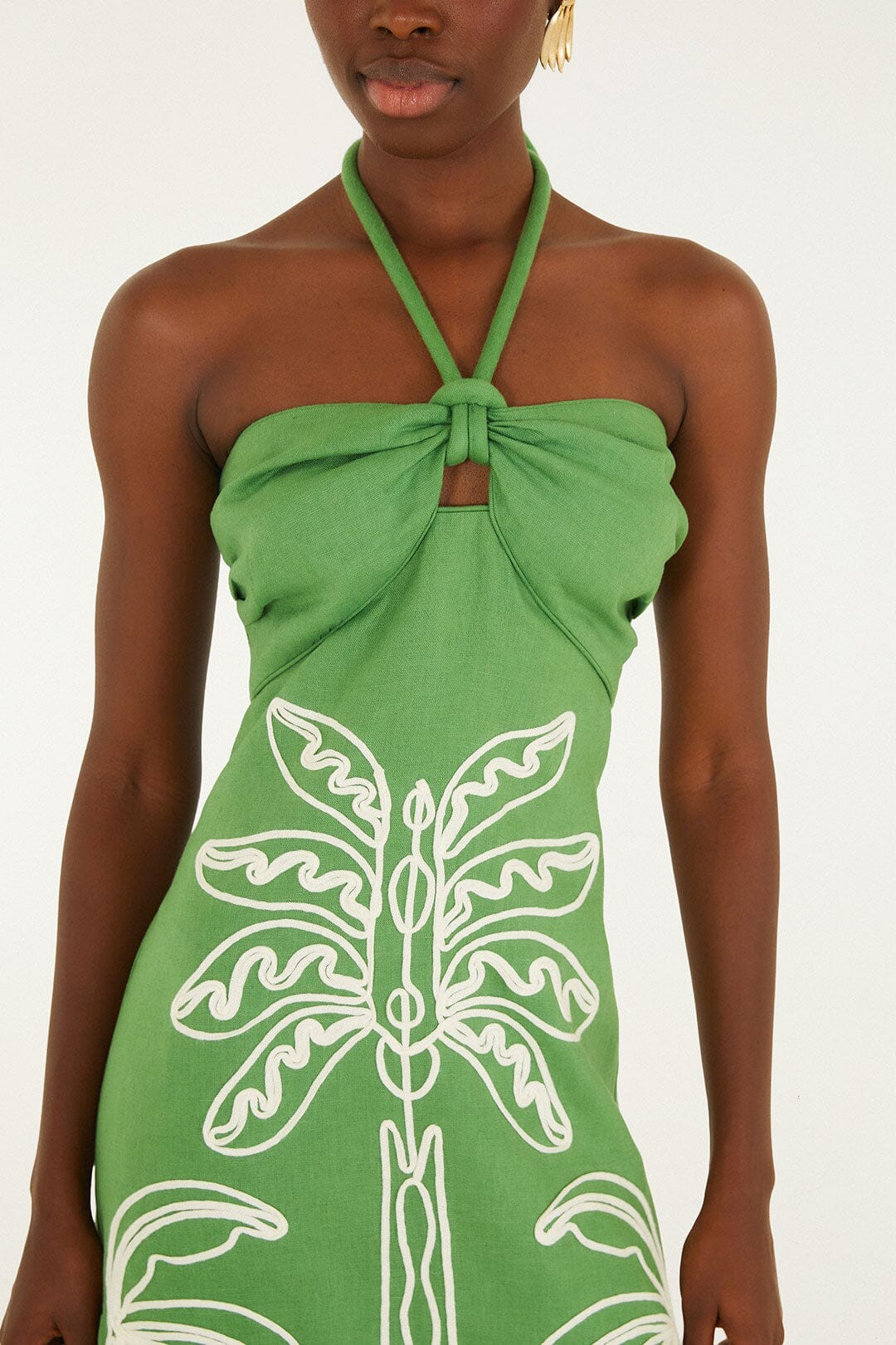 Green Palm Tree Embroidery Sleeveless Midi Dress
