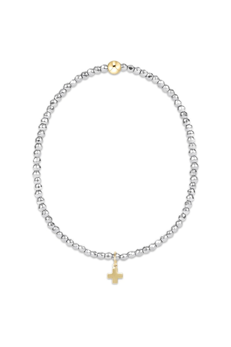 Silver Faceted Hematite 2mm Bead Bracelet - Signature Cross Gold Charm