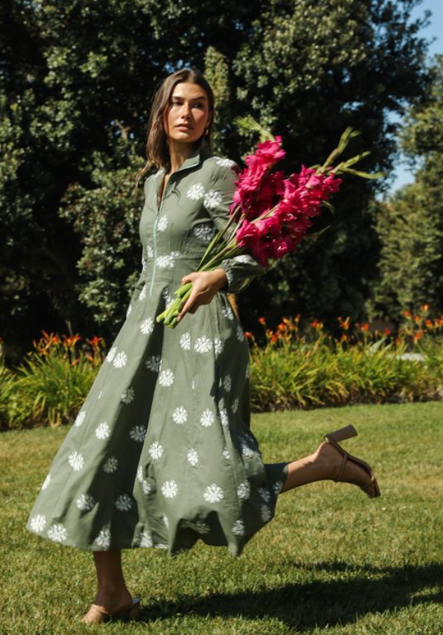 Kim Midi Dress Green Floral Embroidery