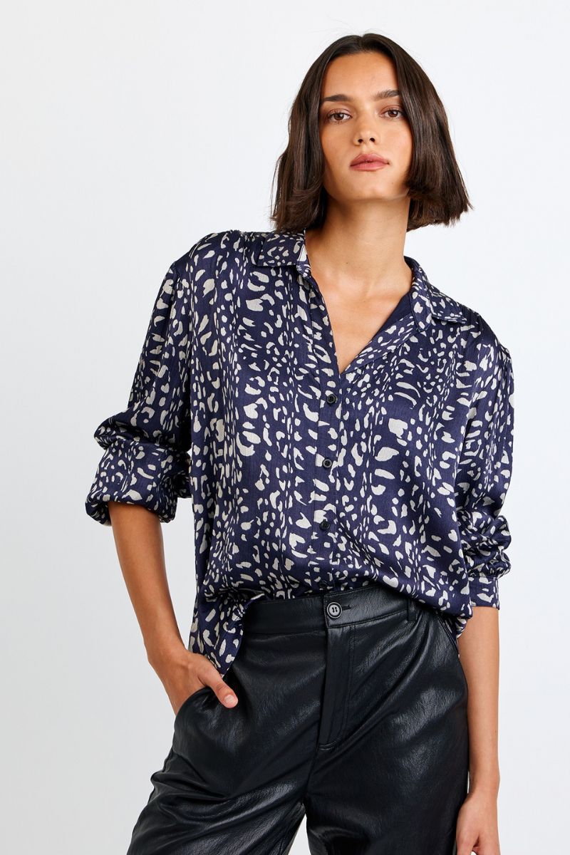 Long Sleeve Shirred Shoulder Button Down