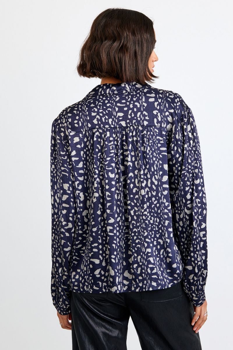 Long Sleeve Shirred Shoulder Button Down