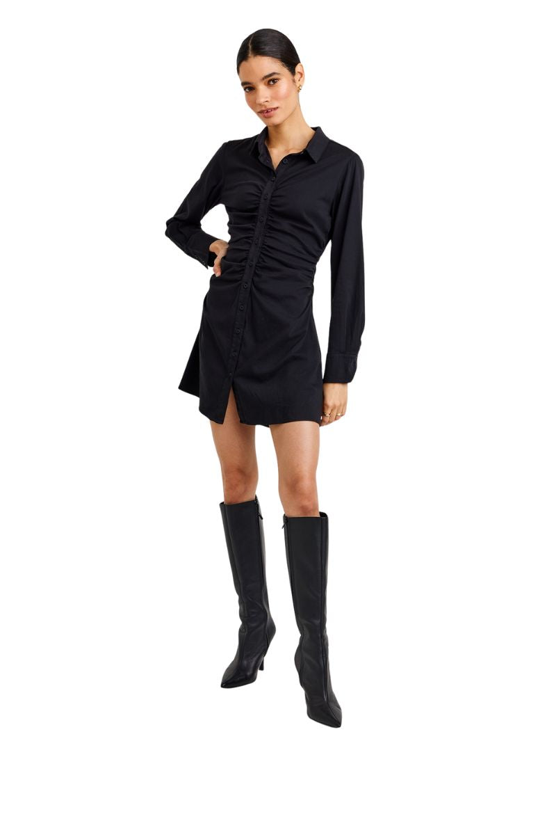 Long Sleeve Shirred Shirt Dress