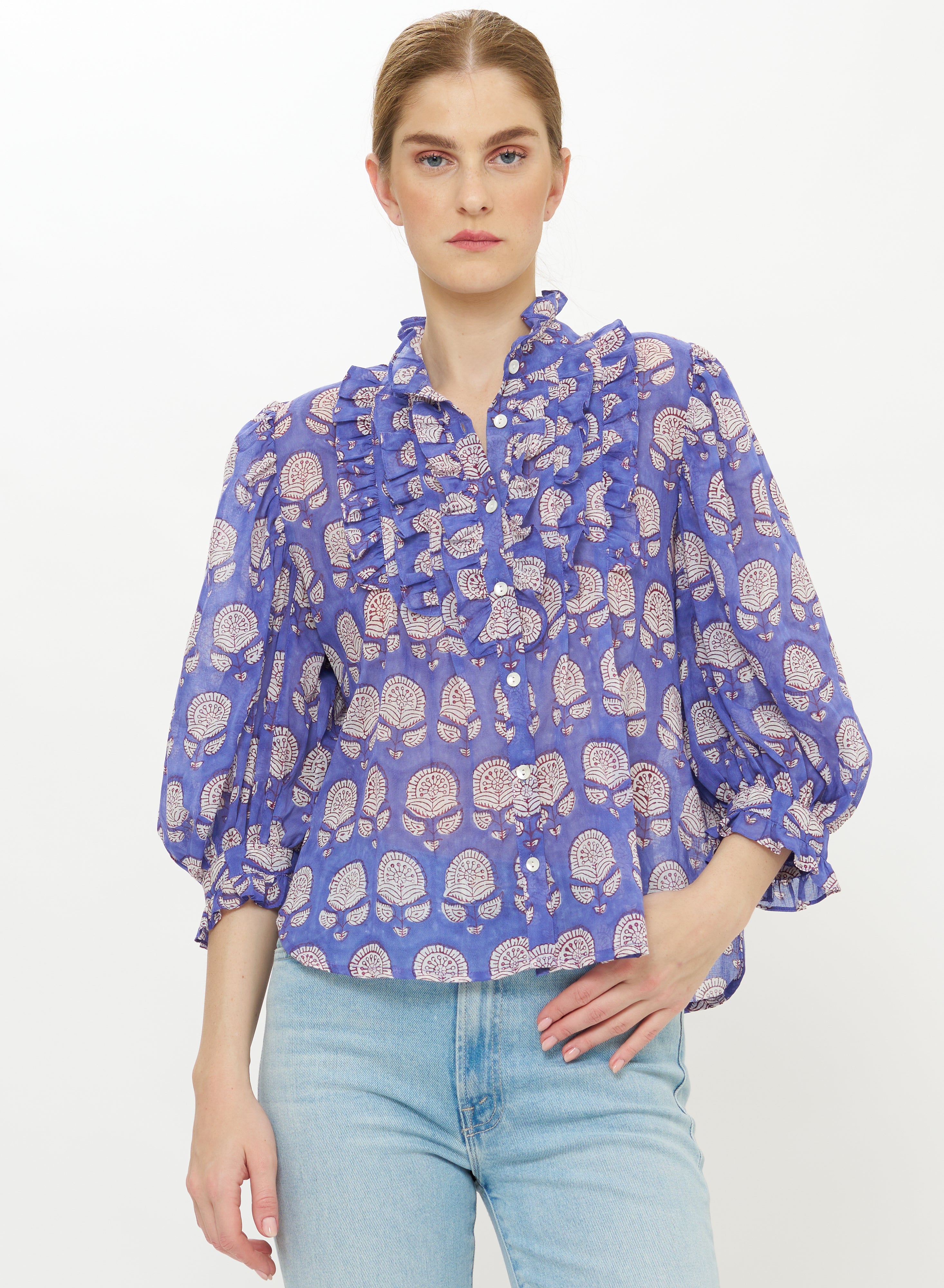 Ruffle Front Button Blouse