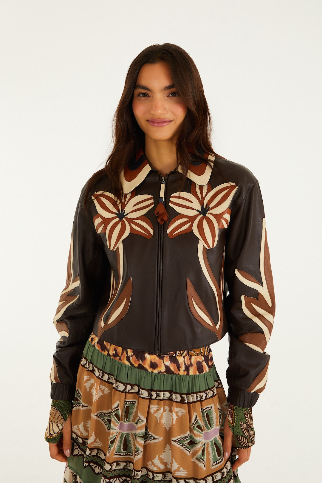 FLOWER CUTWORK BROWN LEATHER JACKET