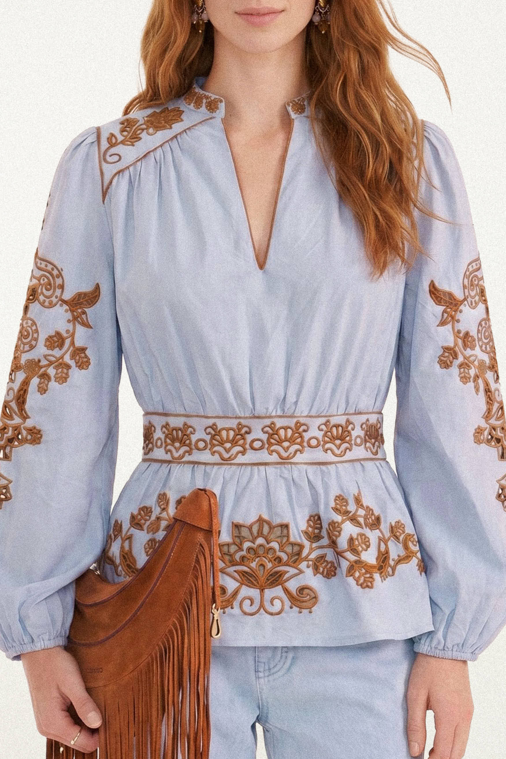 FLOWER RICHELIEU LIGHT BLUE LONG SLEEVE BLOUSE