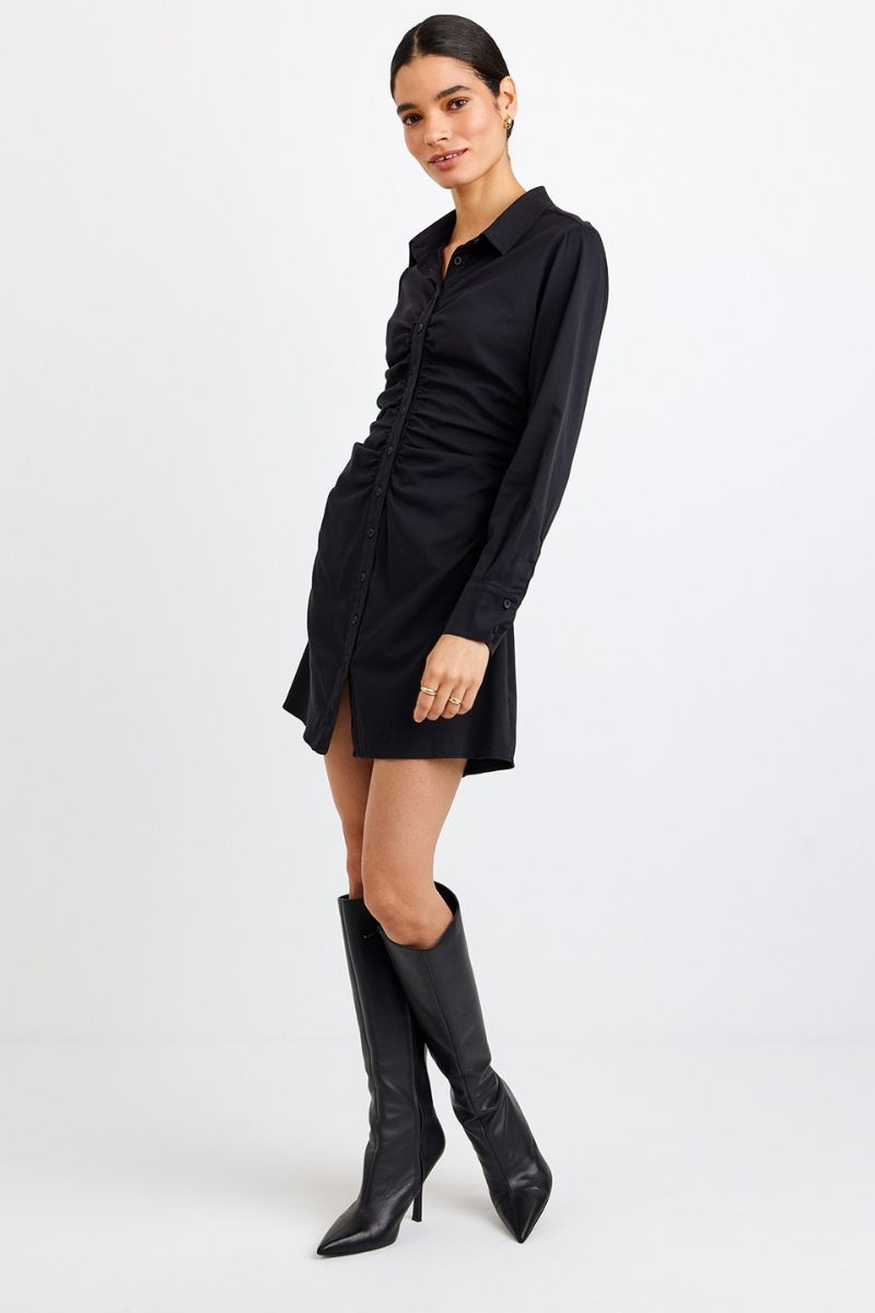 Long Sleeve Shirred Shirt Dress
