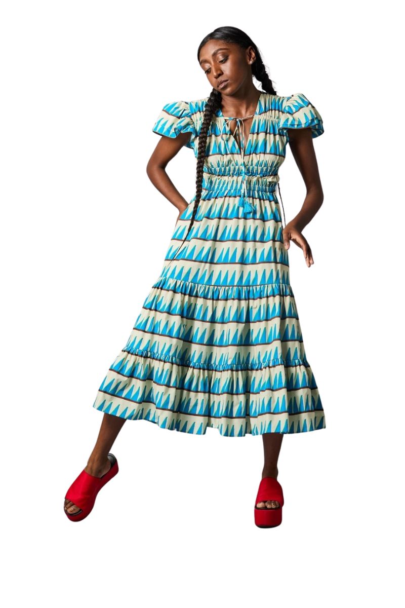 Shirred Bodice Tiered Peasant Midi Dress