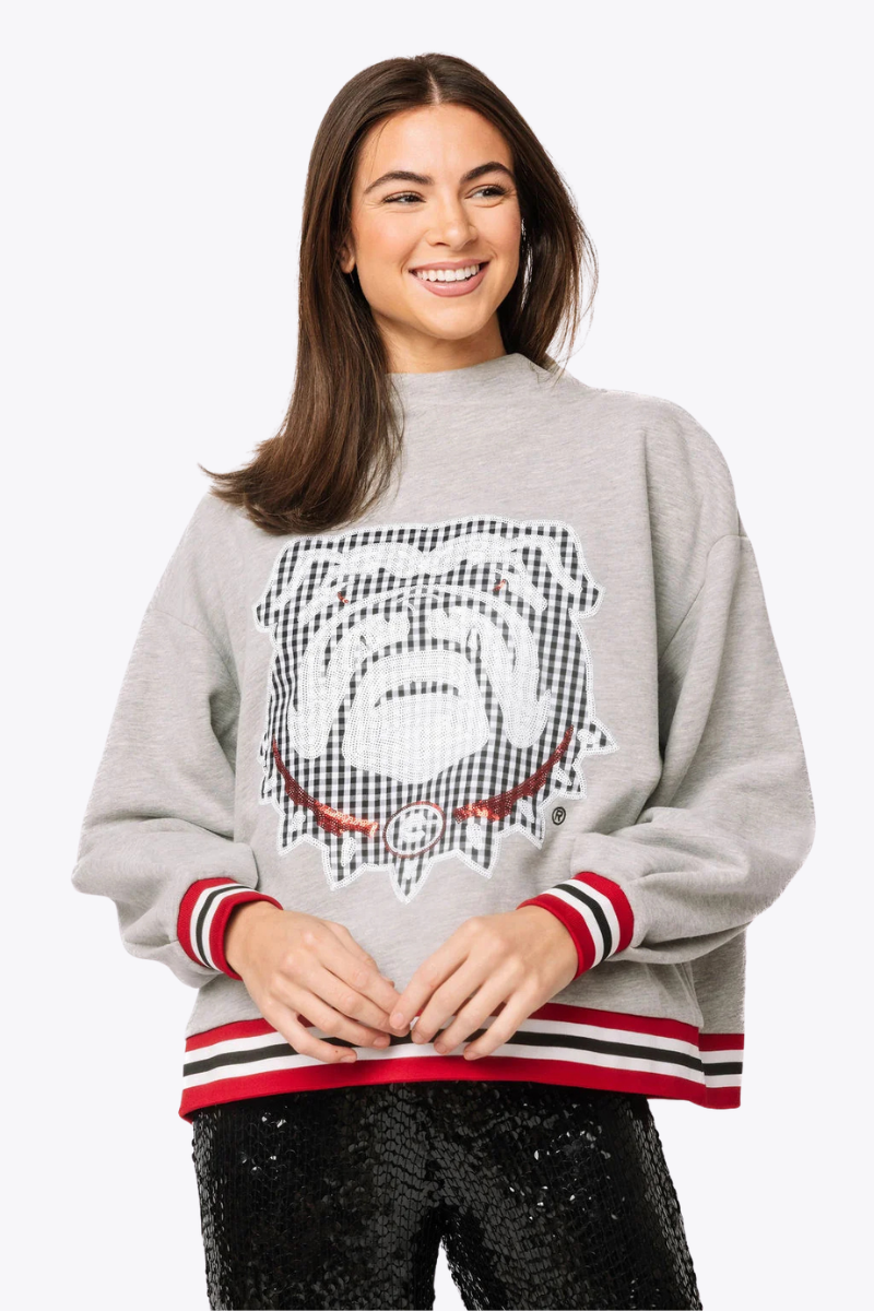 UGA Grey Gingham Mascot Mock Neck Sweatshirt