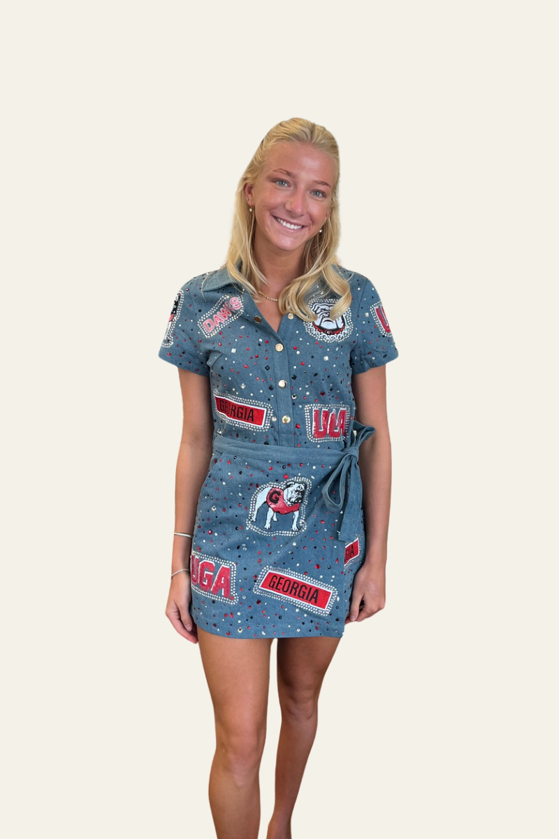 UGA Denim Multi Rhinestone Scattered Logo Tie Romper