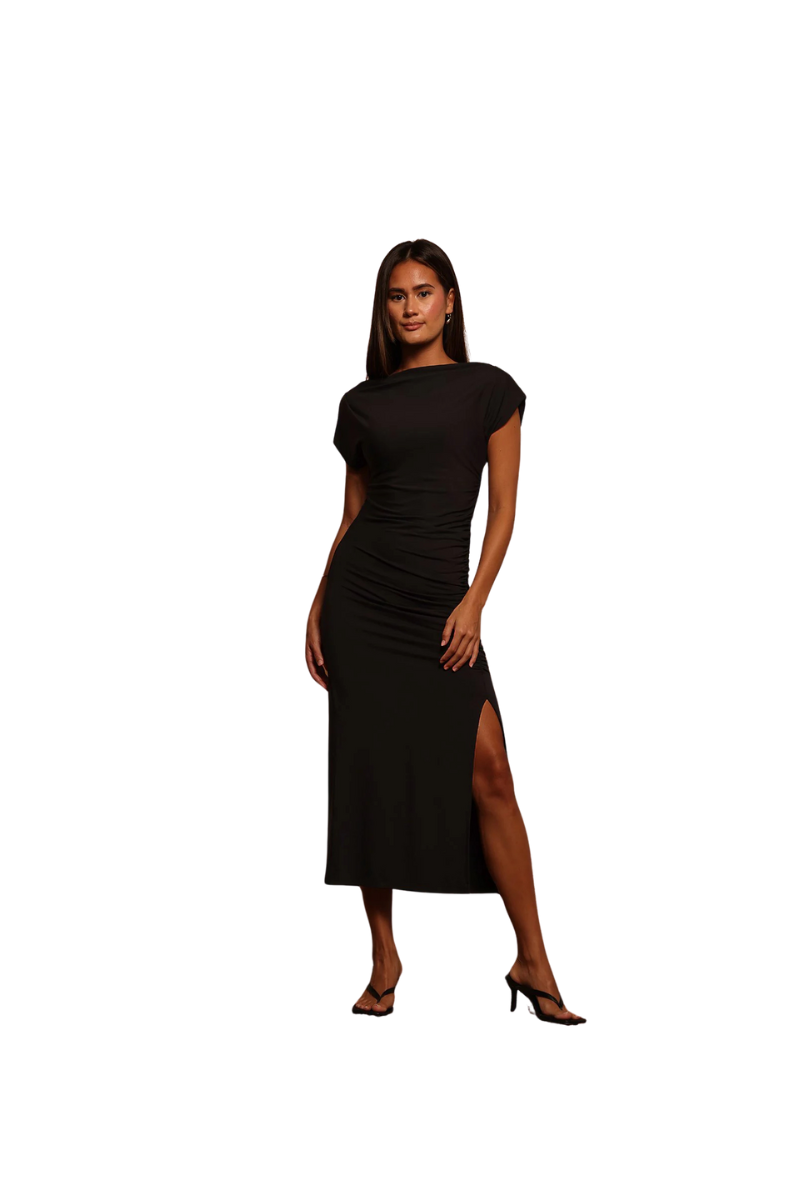 Shirred Slit Midi Dress