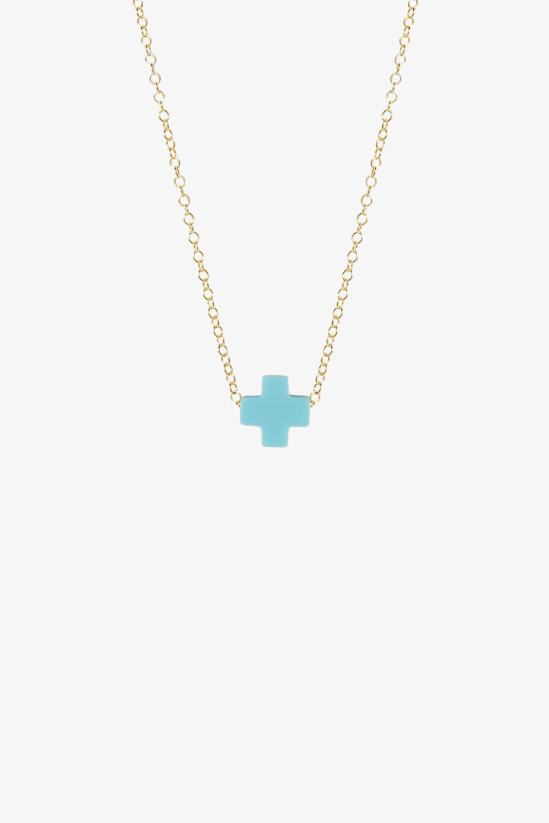 16" Necklace Gold - Signature Cross Small Turquoise
