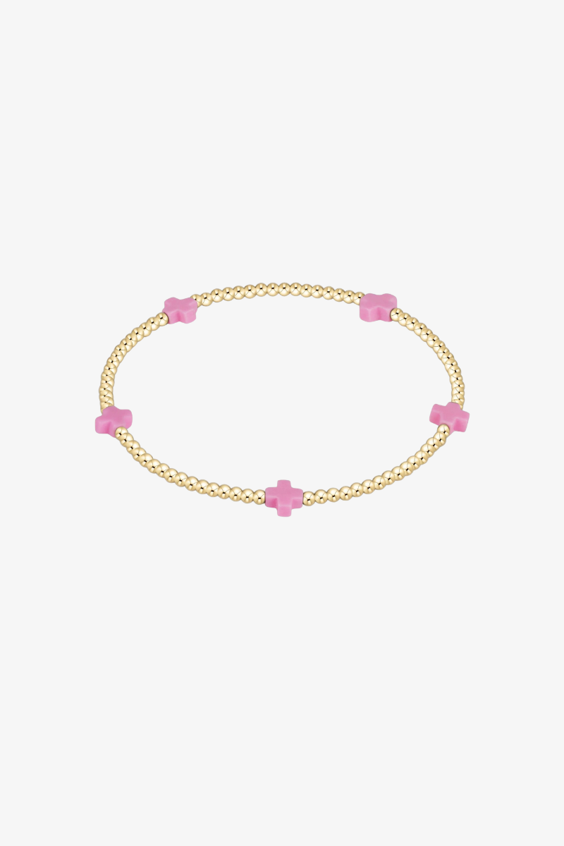 Signature Cross Small Gold Pattern 2mm Bead Bracelet - Bright Pink