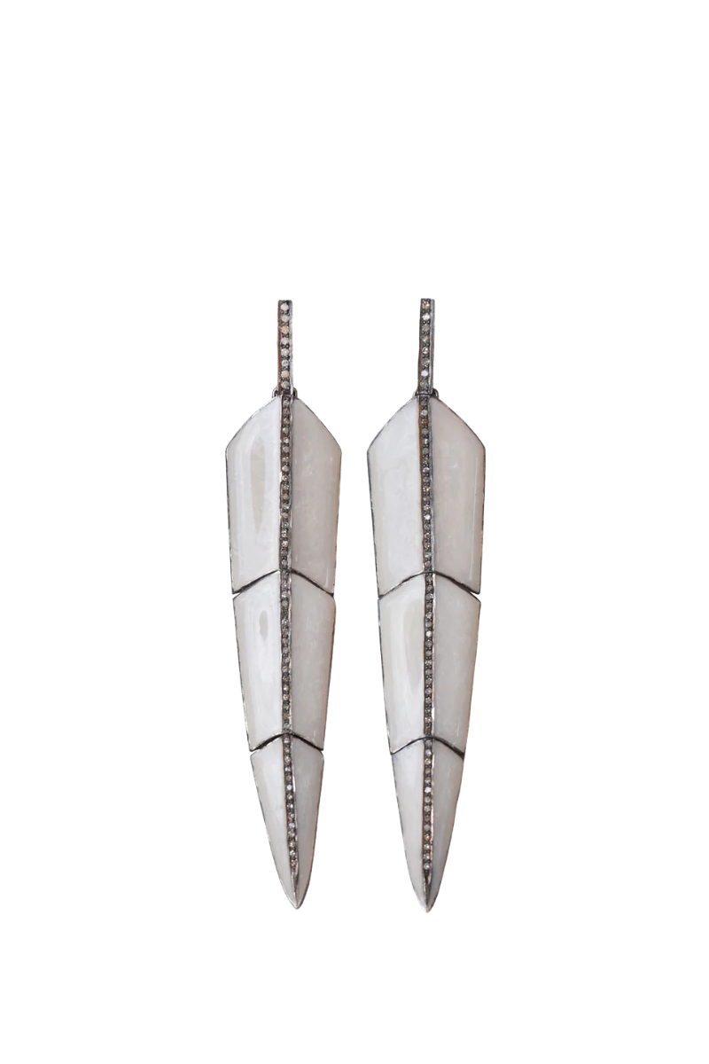 Large Pearl White Enamel Feather Earrings