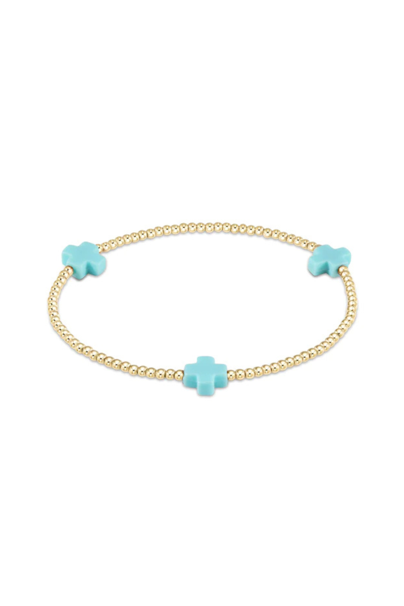 Signature Cross Gold Pattern 2mm Bead Bracelet - Turquoise