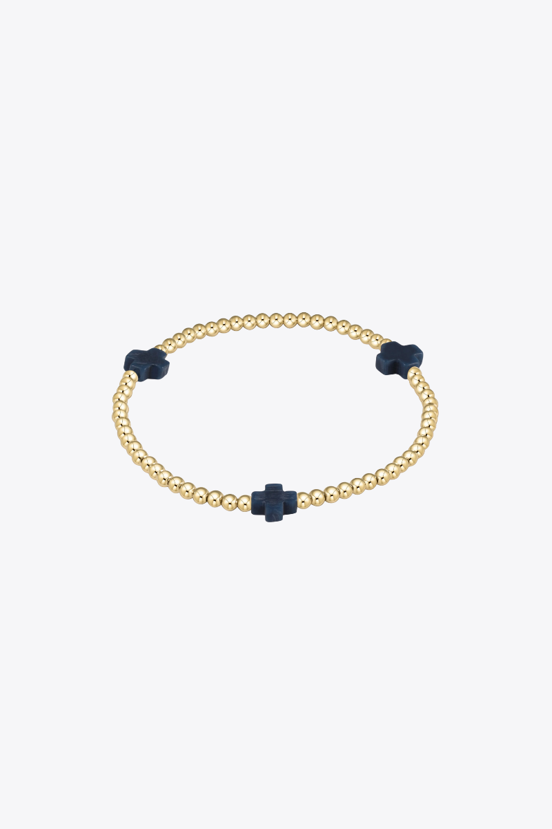 Signature Cross Gold Pattern 3mm Bead Bracelet - Navy