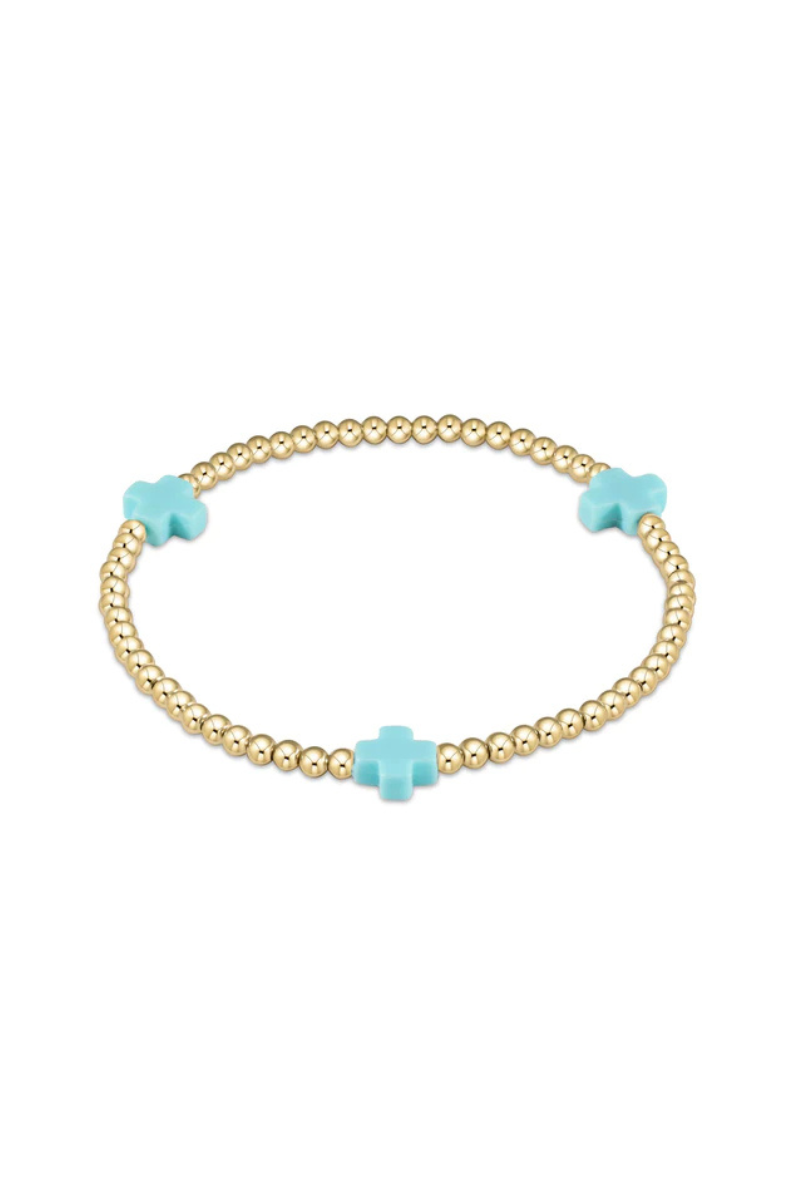 Signature Cross Gold Pattern 3mm Bead Bracelet - Turquoise