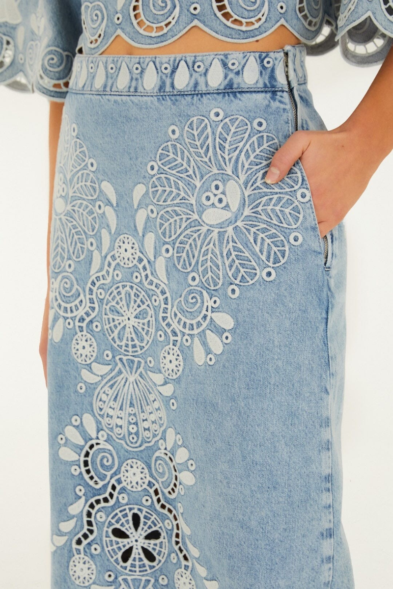Denim Richelieux Midi Skirt