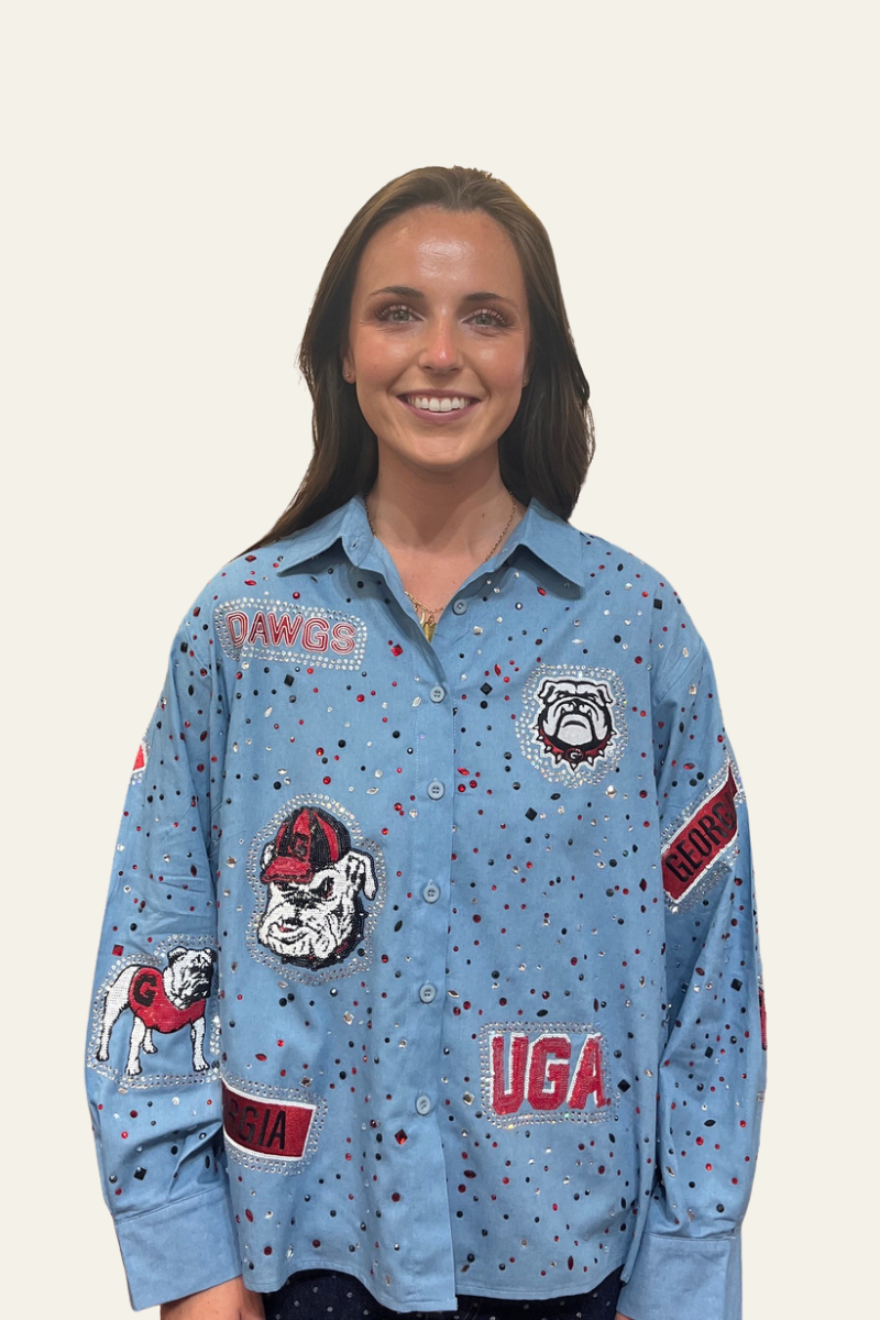 UGA Denim Multi Rhinestone Scattered Logo Button Up