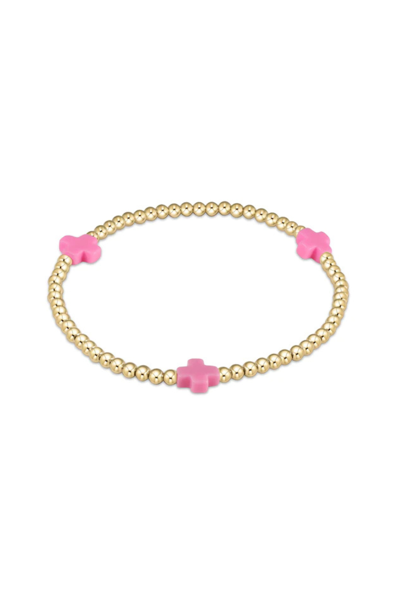 Signature Cross Gold Pattern 3mm Bead Bracelet - Bright Pink