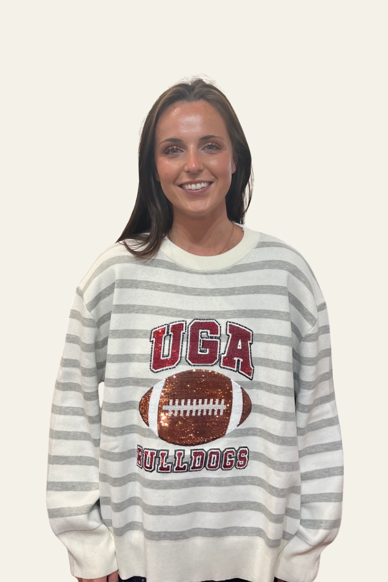 UGA Grey & White Striped Sequin Football Sweater