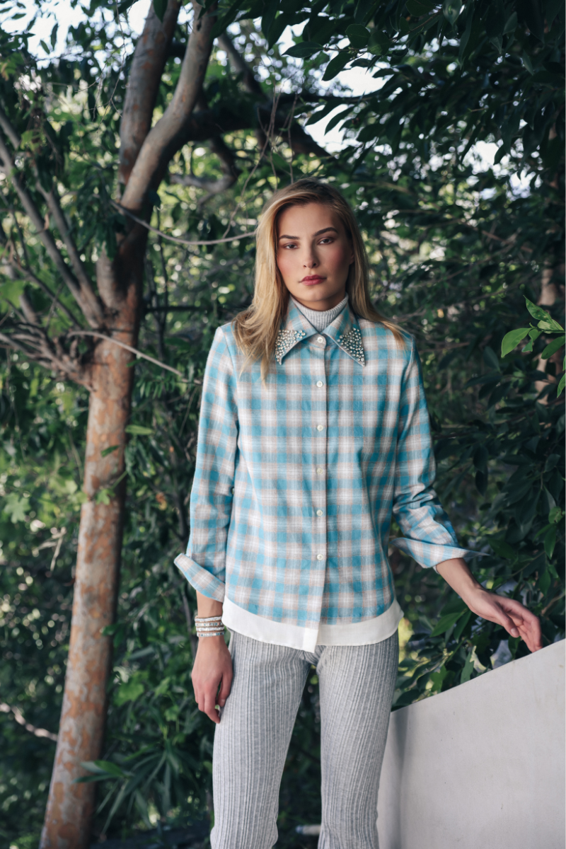 Europa Plaid Flannel Beaded Collar Shirt