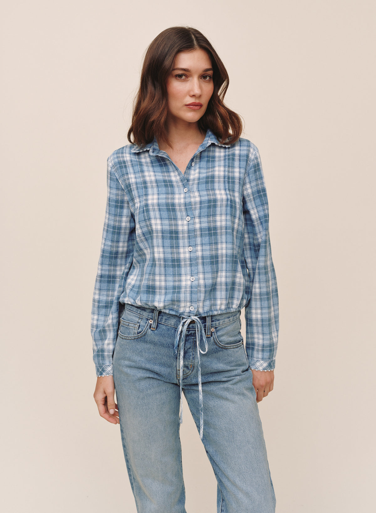 B20462-M76-012 - LONG SLEEVE PINTUCK TIE WAIST SHIRT