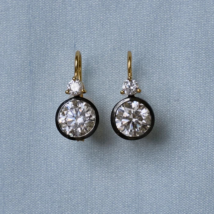 Rhodium Double Bezel Drop Earrings