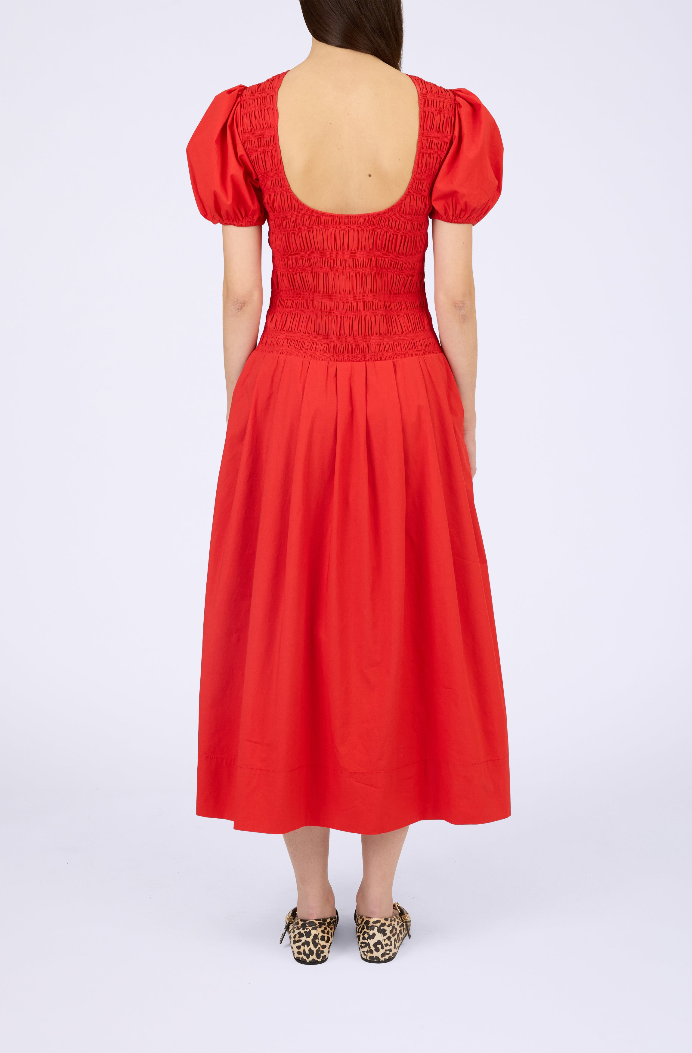 Stretch Cotton Long Smocked Pleated Dress