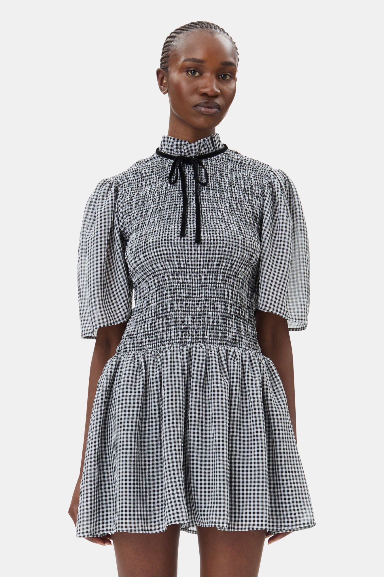 Sheer Fluid Check Mini Smock Dress