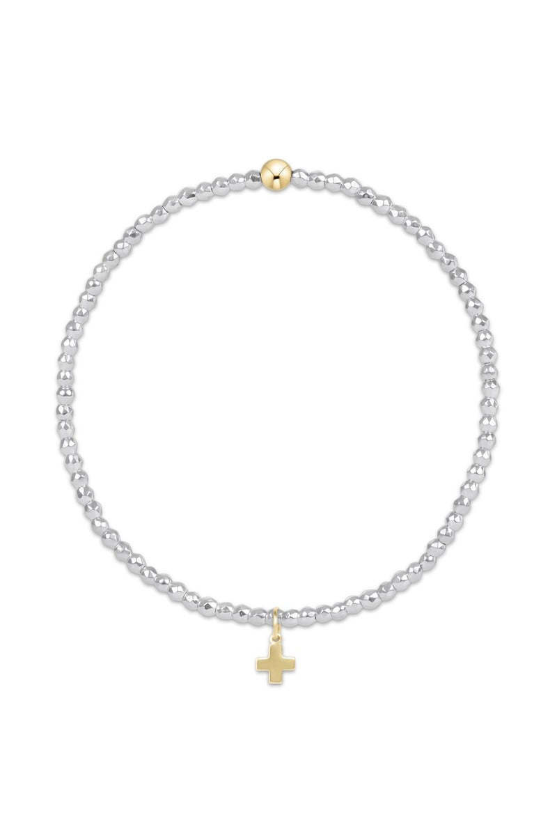 Bright Silver Faceted Hematite 2mm  Bead Bracelet - Signature Cross  Gold Charm